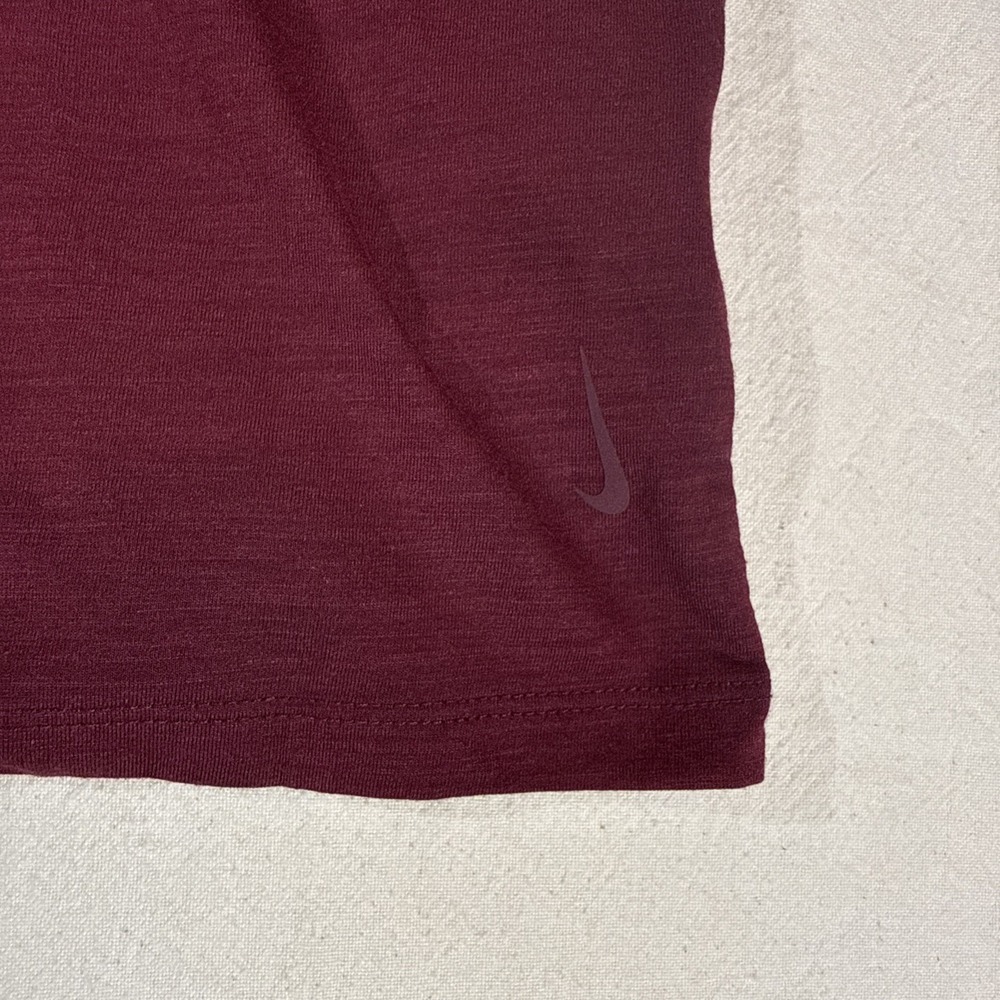 Nike Yoga Dri-Fit Open Back SS Burgundy W/Shimmer Piping Feminine Relaxed Top - Picture 6 of 11